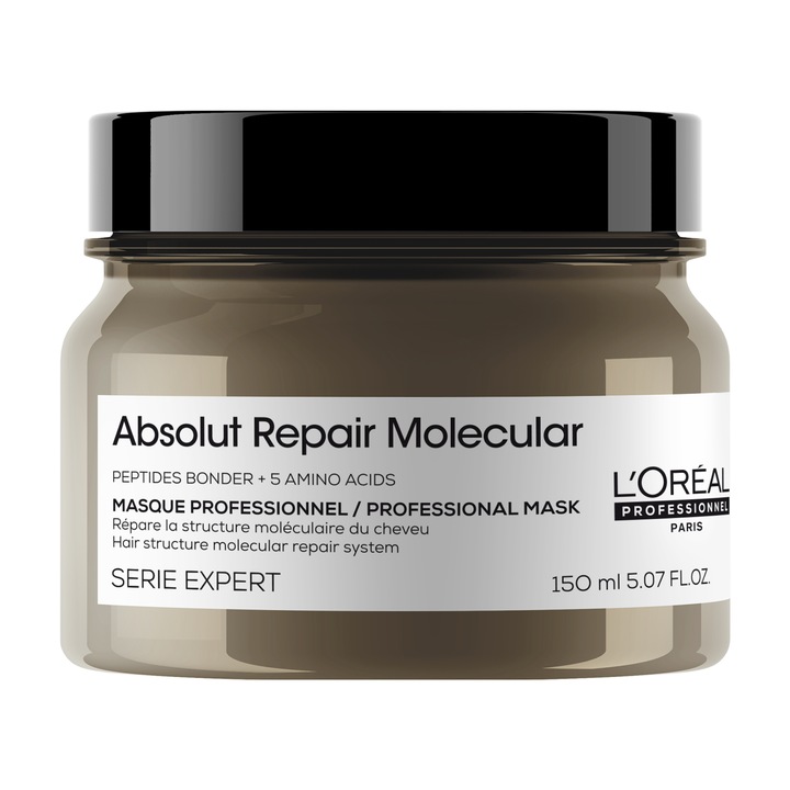 Masca concentrata pentru par deteriorat L’Oreal Professionnel Serie Expert Absolut Repair Molecular, formulata cu legaturi peptidice si 5 aminoacizi, ofera netezime, stralucire, par matasos & hidratat, 150 ml