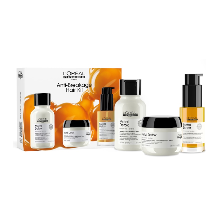 Set Travel Size L'Oréal Professionnel Expert Metal Detox pentru curatarea metalelor din par, pentru toate tipurile de par, impotriva ruperii parului & mentine culoarea, Sampon 100ml + Masca 75ml + Ulei 30ml