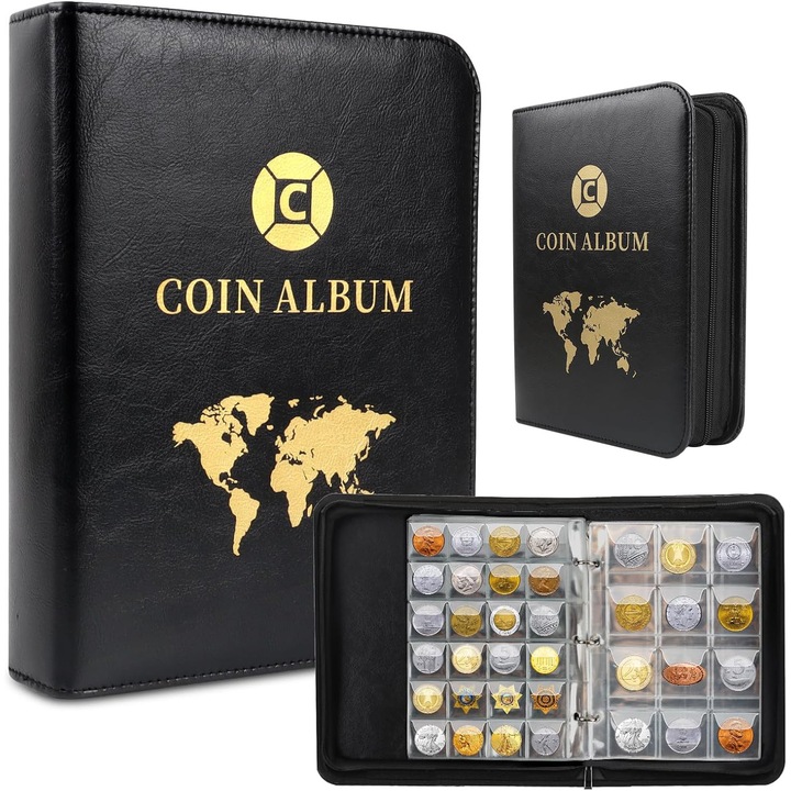 Албум за монети, папка с 420 джоба, два размера, 3.5x3.5 см/4.5x4.5 см, с цип, дизайн с капак, предотвратяващ падането, дебели страници, мек на допир, за колекция и показване, 11x15.5 см, PVC, черен