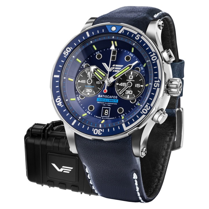 Ceas barbatesc Vostok Europe Batiscafos Chrono, 49mm, piele albastra, rezistent la apa 300m