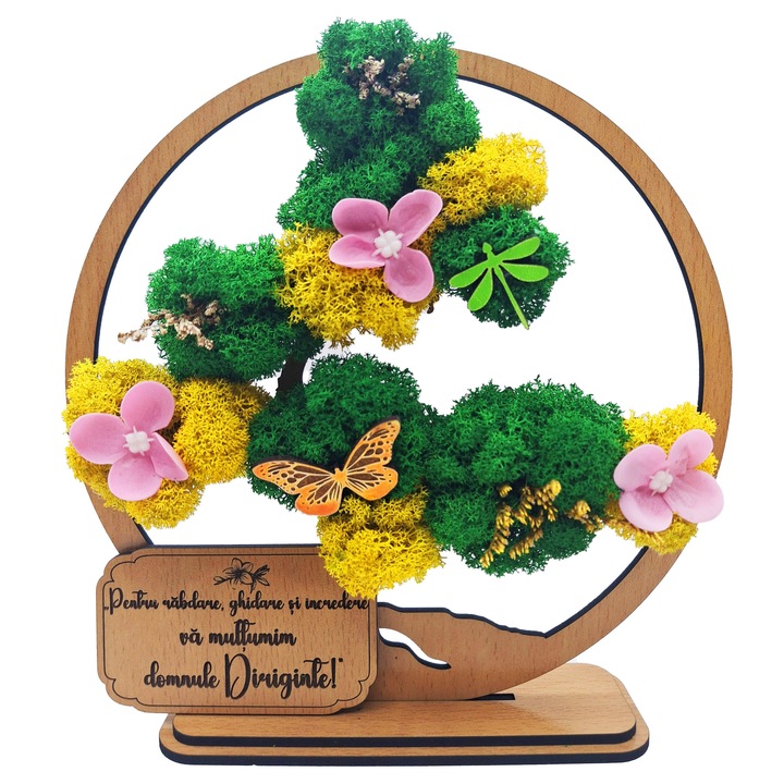 Cadou pentru Diriginte – Bonsai cu Licheni Naturali Stabilizati, MDF, 20 cm, Fag, mesaj Pentru rabdare, ghidare