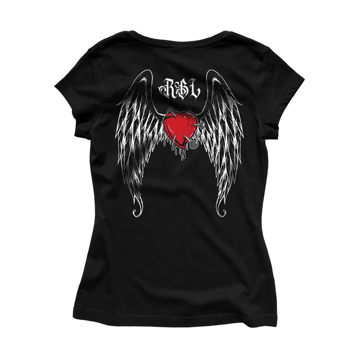Дамска тениска, щампа отпред и отзад, Rebel Icon, черна, Angel Wings, L