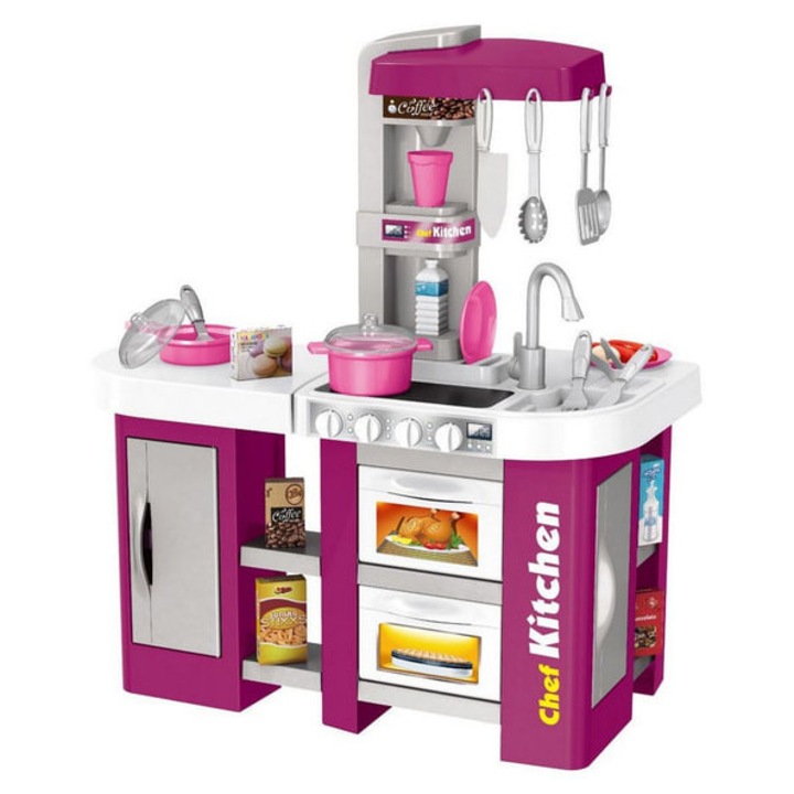 Set de joaca Bucatarie pentru copii cu robinet cu apa curgatoare, cu sunet si lumina, 53 piese, violet, 72 x 61 x 35 cm