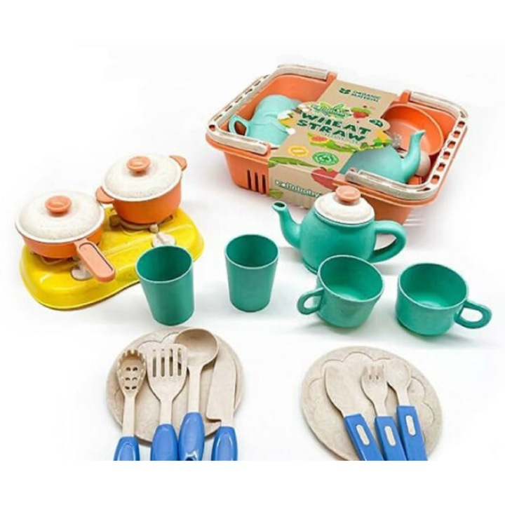 21 darabos kiegészítő készlet a játékkonyhához és tűzhelyhez, kosárban – többszínű, 22 x 27 x 8,5 cm