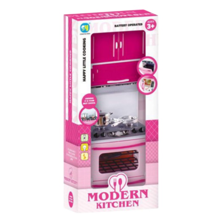 Gyermek mini konyha egyetlen modullal, főzőlappal és sütővel, páraelszívóval és szekrénnyel, rózsaszín, 15,5 x 9 x 36 cm