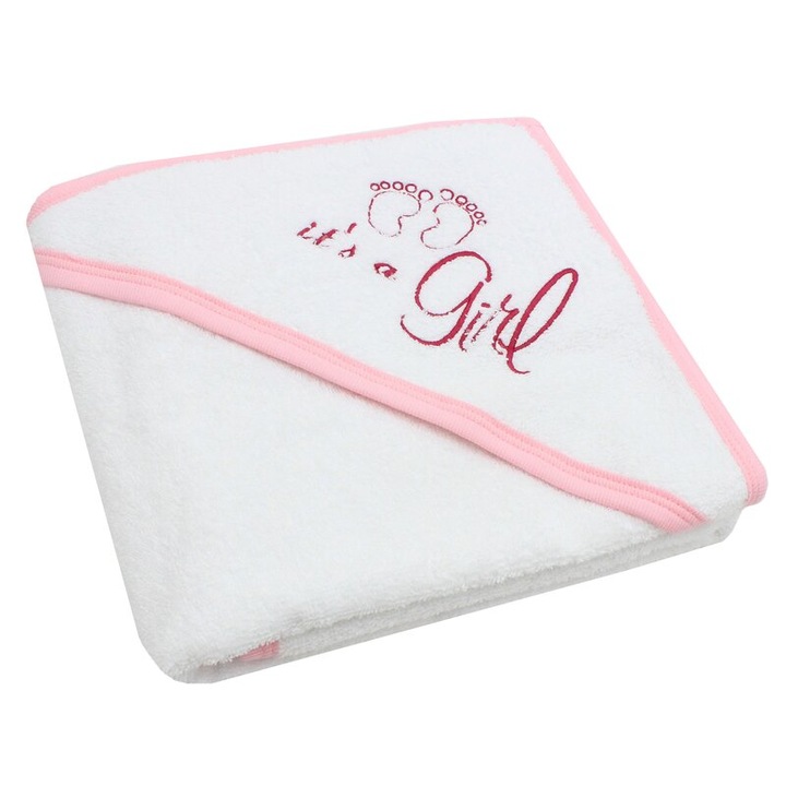 Prosop cu gluga, bumbac, It is a Girl, 80 x 100 cm, alb