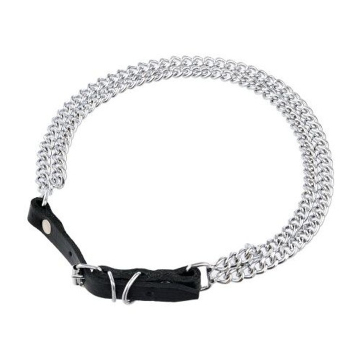 Zgarda, Kacperek, piele, cu lant dublu, 42-50cm, argintie, latime 17mm