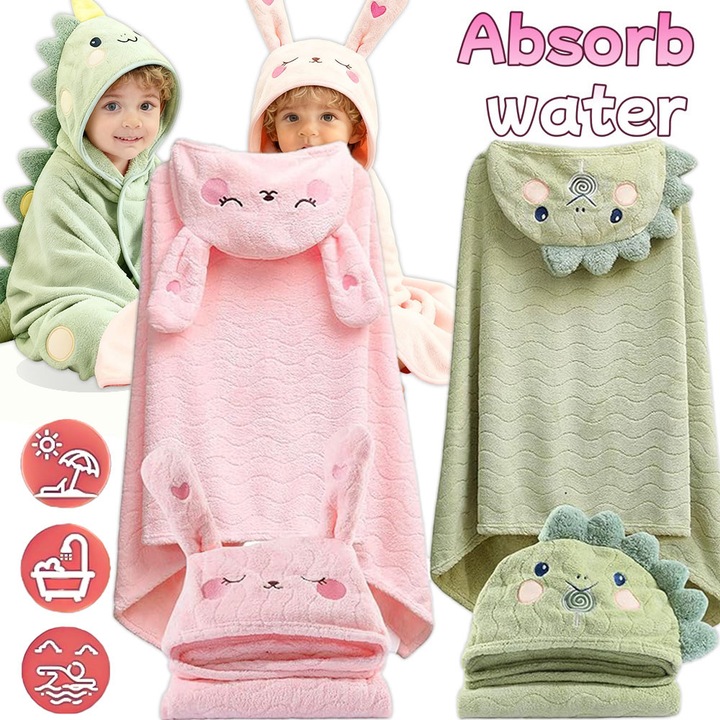 Set 2 prosop de baie cu gluga pentru bebelusi, Excitat®, Super moale polar coral, Hipoalergenic, uper absorbante, Tip Halat, Moale si Pufos cu Capison pentru Copii, Pentru bebelusi 0-10 ani, 70x140cm, Lepuras roz si dinozaur verde