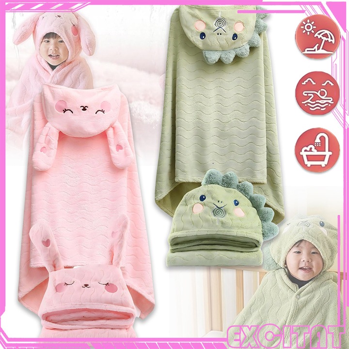 Комплект от 2 хавлии за баня с качулка за бебета, Excitat®, Супер мек коралов полар, Хипоалергенни, супер абсорбиращи, Тип халат, Меки и пухкави с качулка за деца, За бебета 0-10 години, 70x140 см, Розово зайче и зелен динозавър