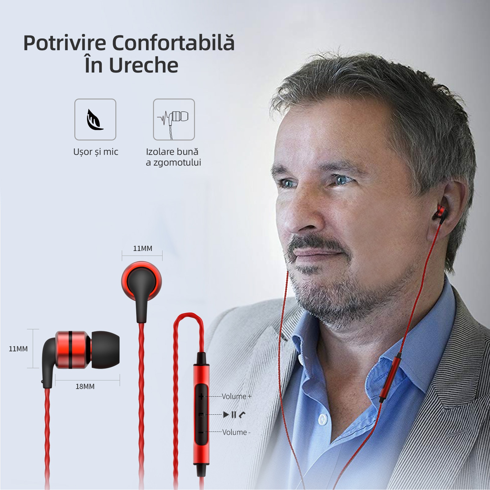 SoundMAGIC E80C Casti cu fir intraauriculare cu microfon, calitate sunet Hi-Fi mufa Audio placata cu aur de 3,5 mm cablu impletit Anti-incurcatura Euro proiectat pentru audiofili, rosu
