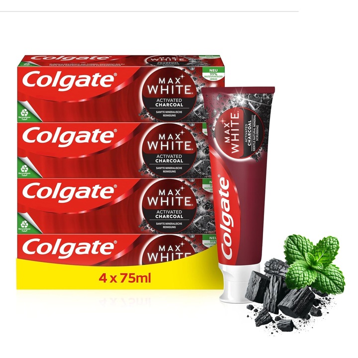 Colgate Max White aktív szén fogkrémkészlet 4x75ml, fluoriddal, aktív szénnel