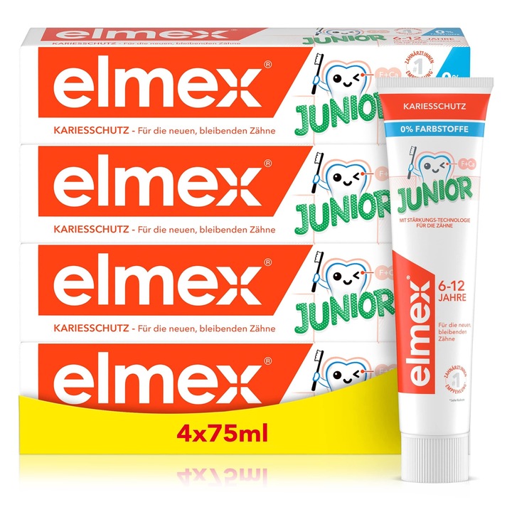 Pasta de dinți Elmex Junior 4x75ml, cu fluor, pentru copii 6-12 ani