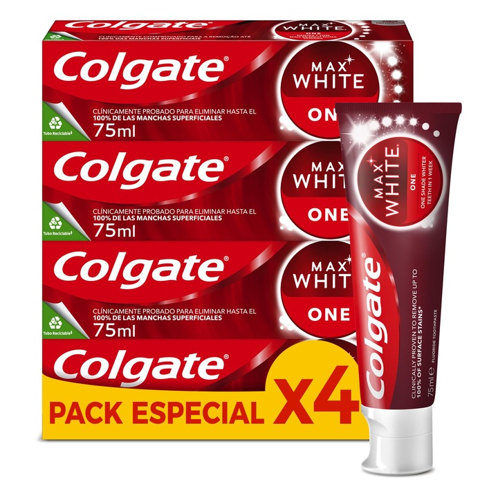 Colgate Max White One fehérítő fogkrém, 4 db x 75 ml-es készlet, fehér, fluoriddal