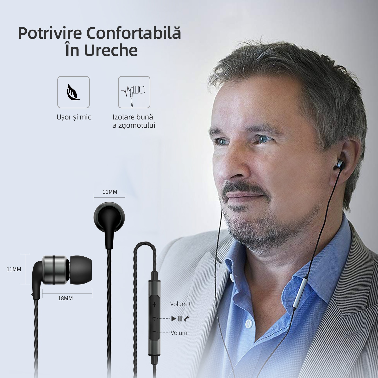 SoundMAGIC E80C Casti cu fir intraauriculare cu microfon, calitate sunet Hi-Fi mufa Audio placata cu aur de 3,5 mm cablu impletit Anti-incurcatura standard pentru audiofili, Negru-Gri