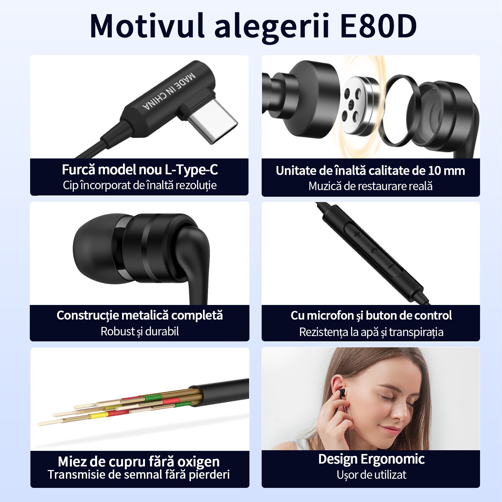 Casti SoundMAGIC E80D Type-C cu microfon, cip decodor de inalta rezolutie, raspuns puternic la bass, compatibil cu telefoane/tablete/laptopuri Android, negru