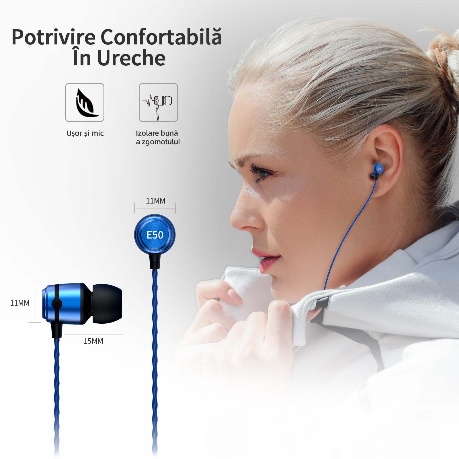 Casti SoundMAGIC E50 cu fir in-ear cu performanta imbunatatita la bass, calitate audio in inalta definitie, mufa audio de 3,5 mm, compatibile cu telefoane/calculatoare/tablete, albastru