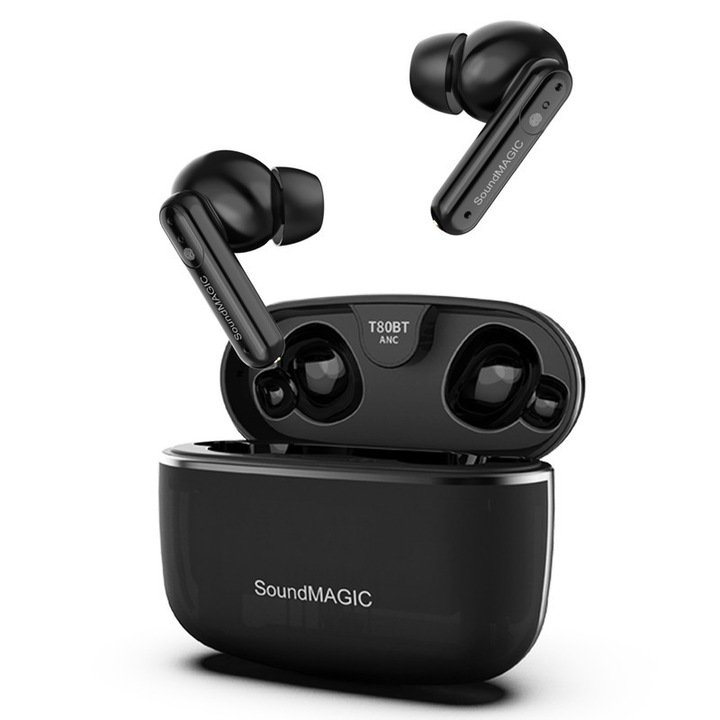 Casti SoundMAGIC T80BT ANC True Wireless cu sunet Hi-Res, Hibrid Active Noise Cancelling, claritate apel ENC, 20H Playtime, IPX5 Waterproof, Ultra-Comfy Fit pentru sport/munca/gaming, negru