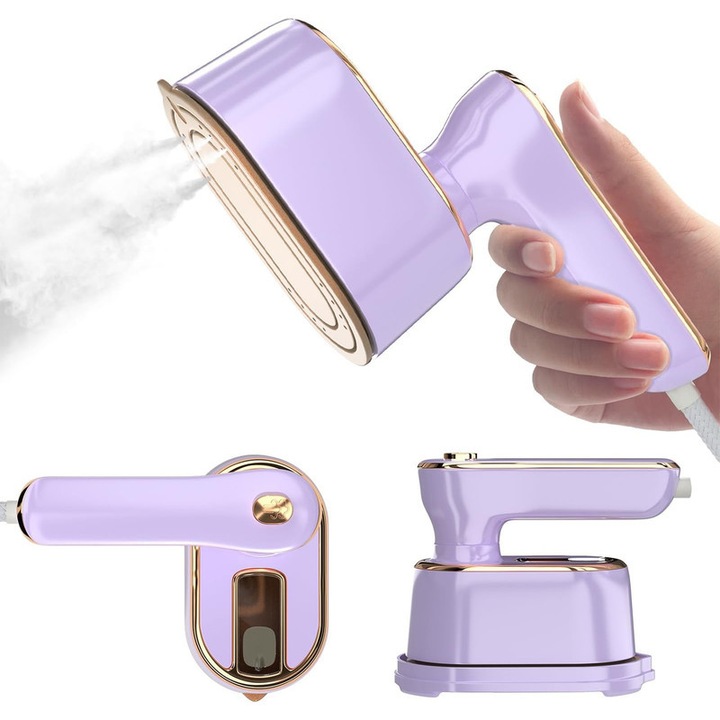 Преносима ютия, 1000W, Omelivon®, 10 секунди загряване, 15 минути охлаждане, 100 мл, функция за мокро и сухо гладене, въртене на 180 градуса, лилава