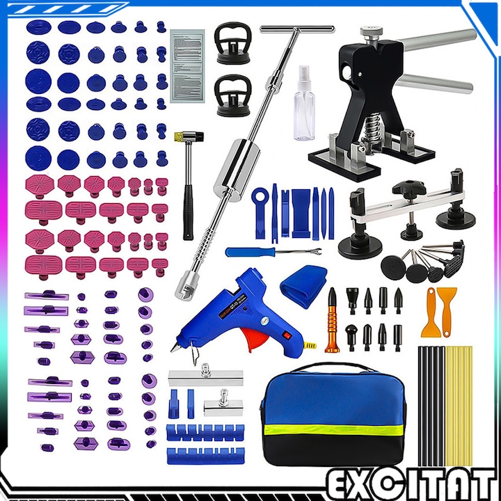 Set 154 scule pentru reparat caroserie auto, Excitat®, Indeparteaza urme de lovituri cauzate grindina, Nu va deteriora vopseaua, Cu ventuze, Indeparteaza si repara 95% din toate danturile auto, Pentru masini, camioane, motociclete, Metal, Multicolor