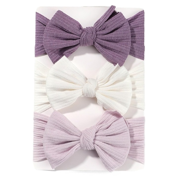 Set 3 Bentita elastica pentru copii, KENROWSUN®, cu fundita, bebe 0-9 luni, Multicolor BB-018