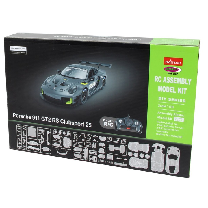 Kit de construit masina RC cu telecomanda Porsche 911 GT2 RS Clubsport 25, 2.4 Ghz, Lungime 26.3 cm, Scara 1:18, 68 piese, 8+