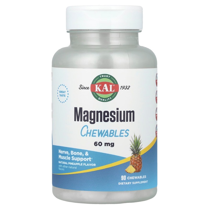 KAL, Comprimate masticabile cu magneziu, Ananas, 60 mg, 90 de comprimate masticabile