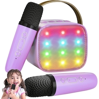 Microfon karaoke cu difuzor portabil, Jucarie, HaploS®, wireless, 2 microfoane incluse, violet