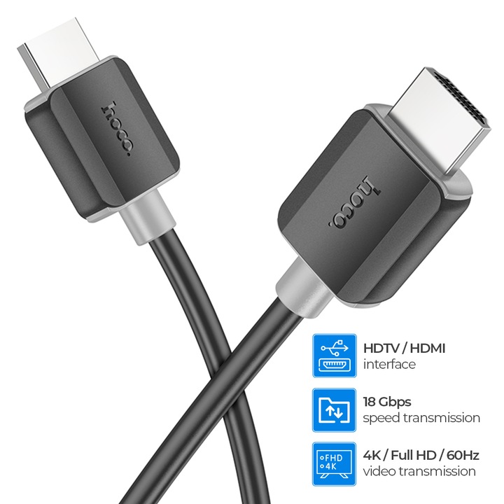 Cablu HDMI 2.0, 4K@60Hz, 18Gbps, transmisie HD audio-video sincron, compatibil TV, monitor, PS5, laptop, PC, Metallic conector, 200cm, Negru (HC-US08)