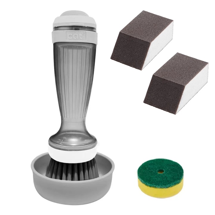Perie de spalat cu dispenser, suport si capete de schimb, set cu 2 bureti trapezoidali，Maner lung
