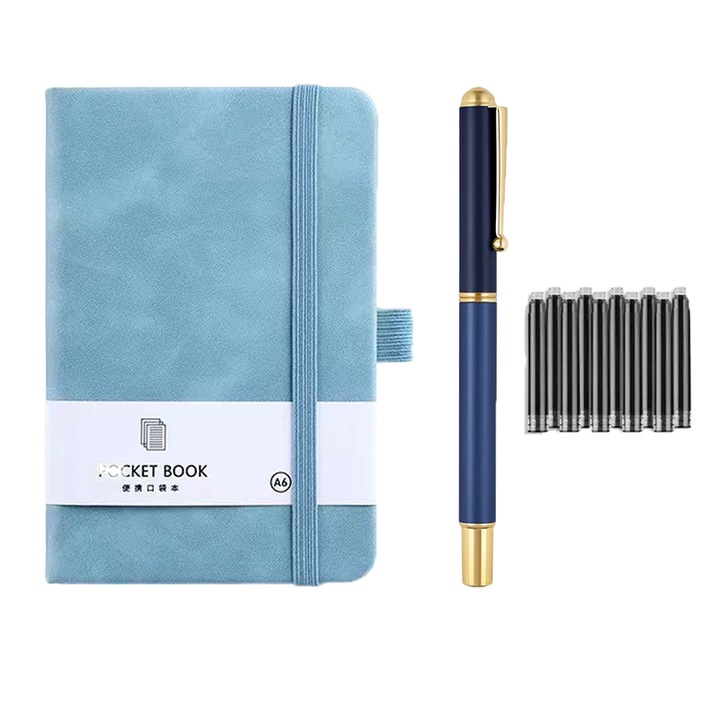 Set agenda/stilou/rezerve cerneala, A6, 200 Pagini, 145x95mm，Albastru deschis