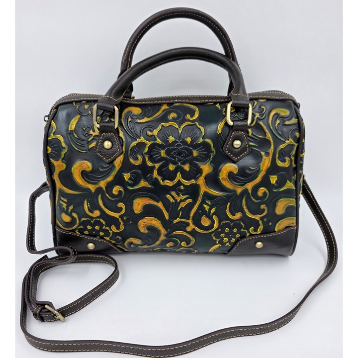 Valódi bőr keresztpántos válltáska dombornyomott virágmintával és cipzárral - Heritage kertzöld