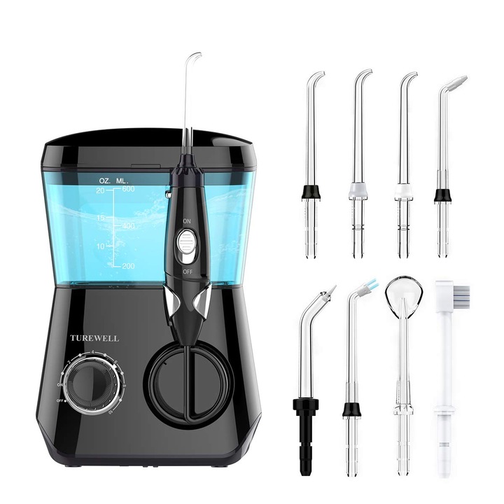 Irigator oral electric Turewell, impermeabil IPX7, 10 niveluri de presiune, 600 ml, negru