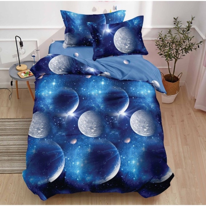 Lenjerie de Pat, Reversibil, Cearsaf cu Elastic, Finet, 1 Persoana, 4 Piese, 140x200cm, Imprimeu Planete, Bleumarin-Gri