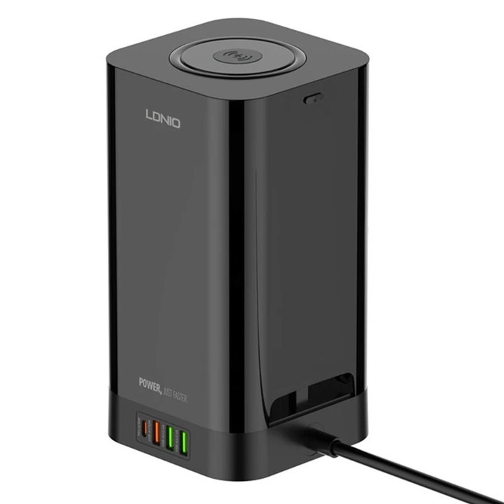 Torony Elosztó 3 Aljzattal, 3 USB-A Porttal, 1 USB-C Porttal Gyors QC 3.0 32W Töltéssel, Vezeték Nélküli Telefon Töltéssel, Fejlett Védelemmel, 2 m Kábellel, Hatékony Szervezéssel, Fekete