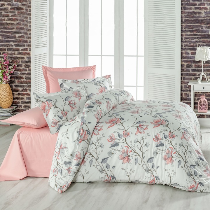 Lenjerie pat Creponata 100% Bumbac, cearsaf pat 160x240 cm, pilota 140x210 cm, fata perna 50x70 cm, Roz Pudra, Pucioasa