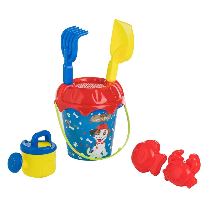 Set Plaja CARODIS – Galeata Albastru-Rosie cu Catel si 5 Accesorii, Plastic