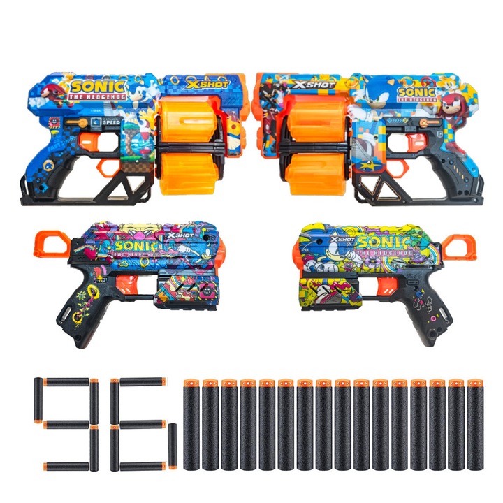 Комплект оръжия X-Shot Skins Sonic Hedgehog, 4 оръжия, 96 стрелички, многоцветни, 8+