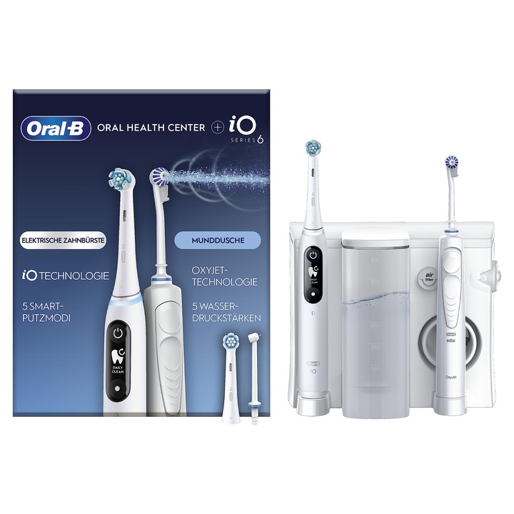 Irigator Oral Oral-B Oral Health Center Cu Tehnologie Oxyjet Pentru Curatarea Dintilor, 2 Duze De Schimb Si Periuta De Dinti Electrica Io Series 6/Periuta De Dinti Electrica, 2 Capete De Periuta, 5 Moduri Pentru Ingrijirea Dentara, Alb