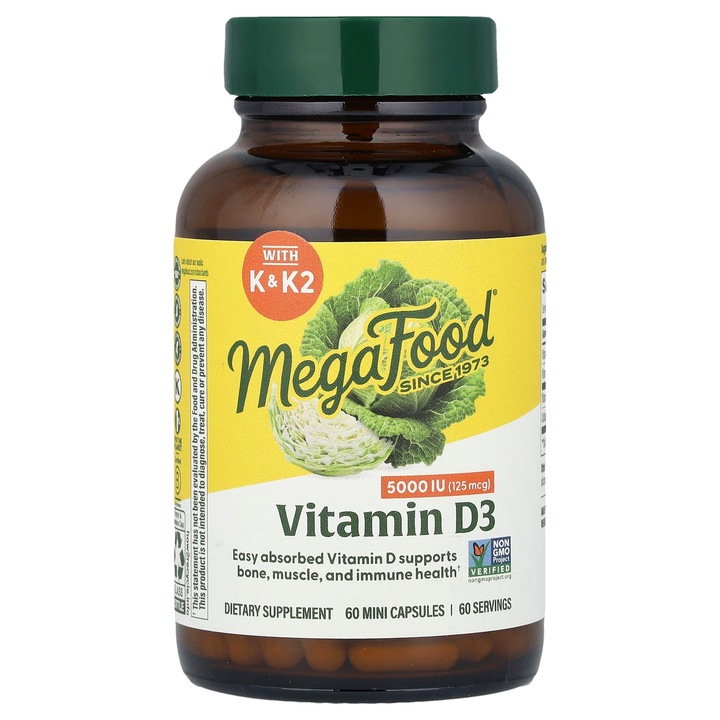 MegaFood, Vitamina D3, 125 mcg, 60 capsule, cu K si K2, fara gluten