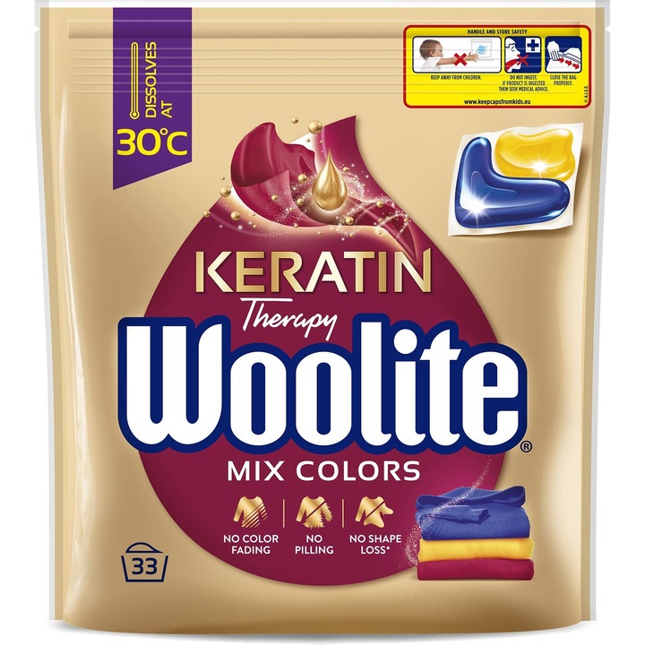 Univerzális mosószer, Woolite, színes ruhákhoz való kapszula, keratinnal, 33 kapszula