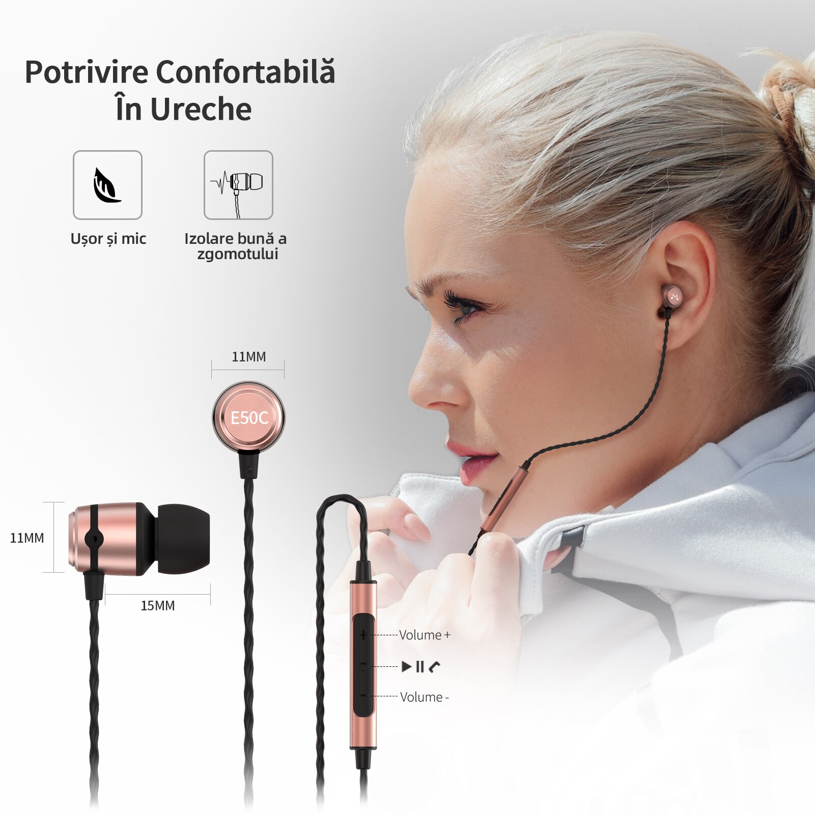 Casti cu fir in-ear SoundMAGIC E50C cu microfon, performanta imbunatatita la bas, calitate audio in inalta definitie, mufa audio de 3,5mm, compatibile cu telefoane/calculatoare/tablete, aur