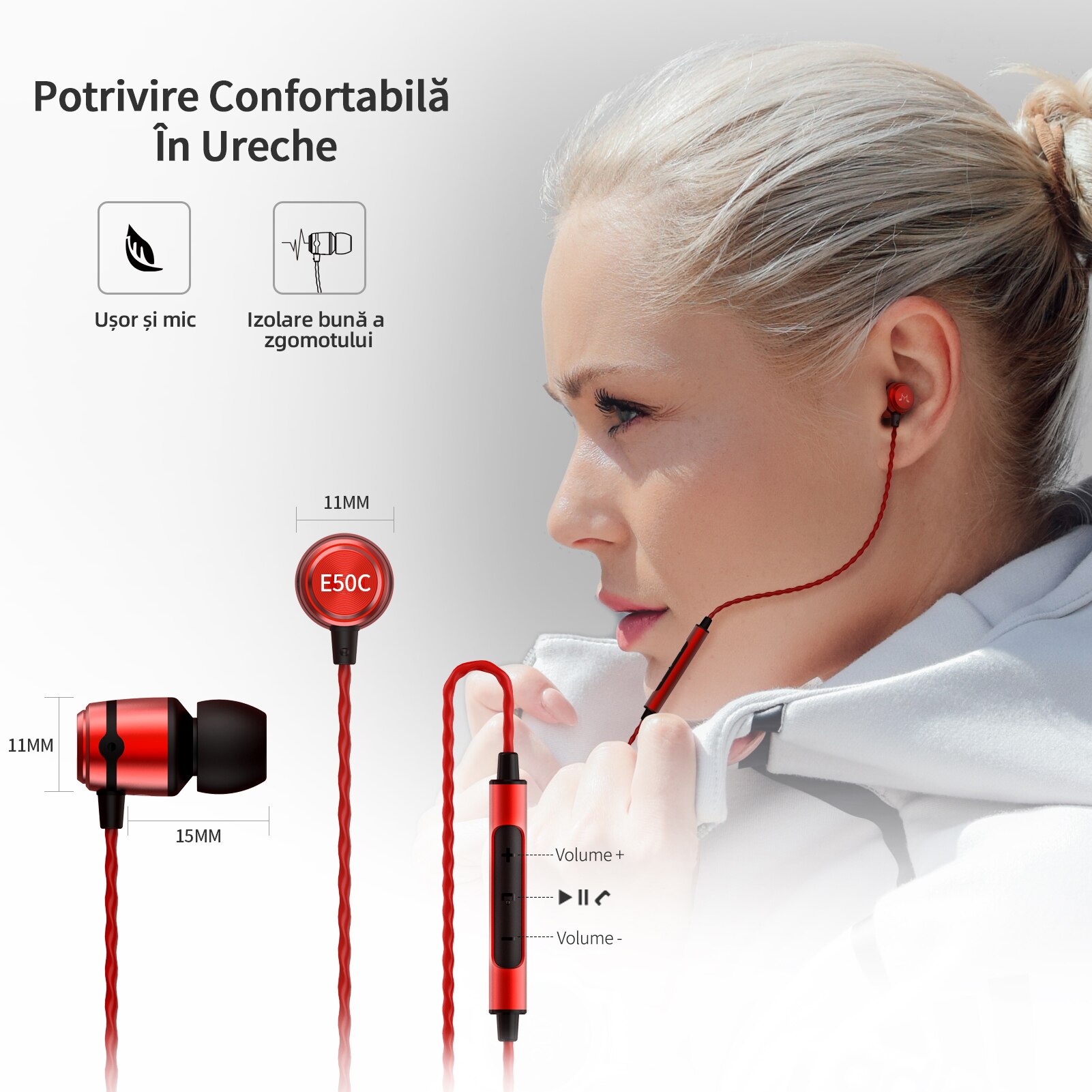 Casti SoundMAGIC E50C cu fir in-ear cu microfon, performanta imbunatatita la bass, calitate audio in inalta definitie, mufa audio de 3,5mm, compatibil cu telefoane/calculatoare/tablete, rosu
