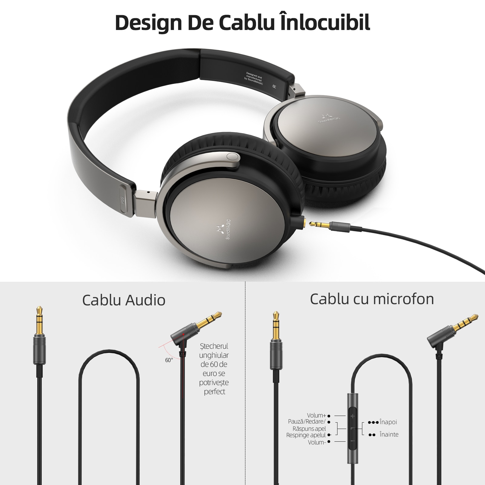 Casti SoundMAGIC Vento P55, bass puternic, stereo HiFi, culoare gunmetal