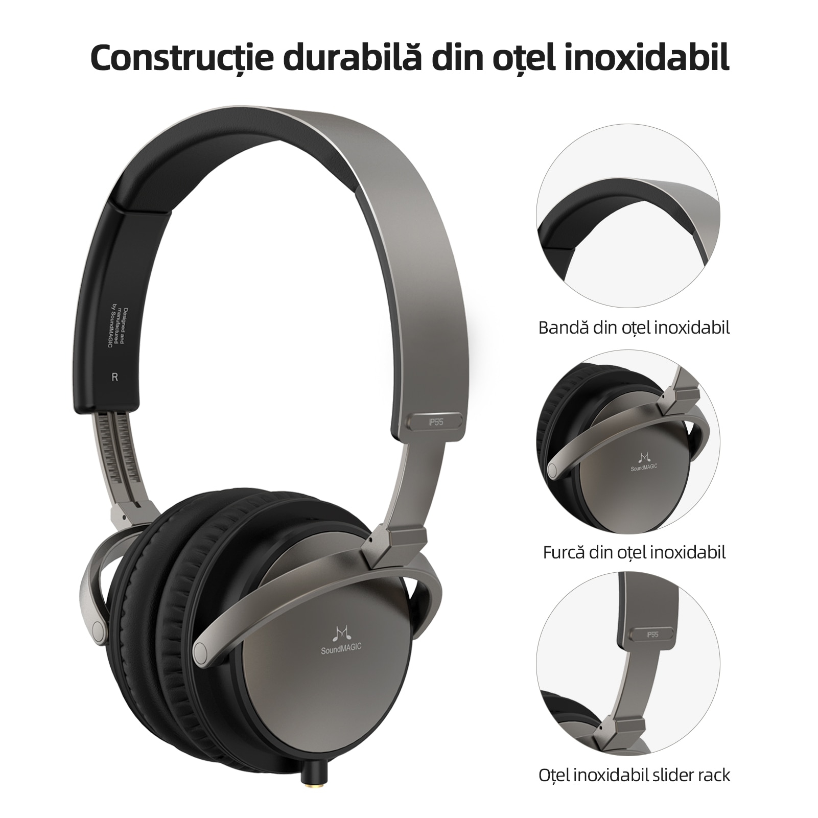 Casti SoundMAGIC Vento P55, bass puternic, stereo HiFi, culoare gunmetal
