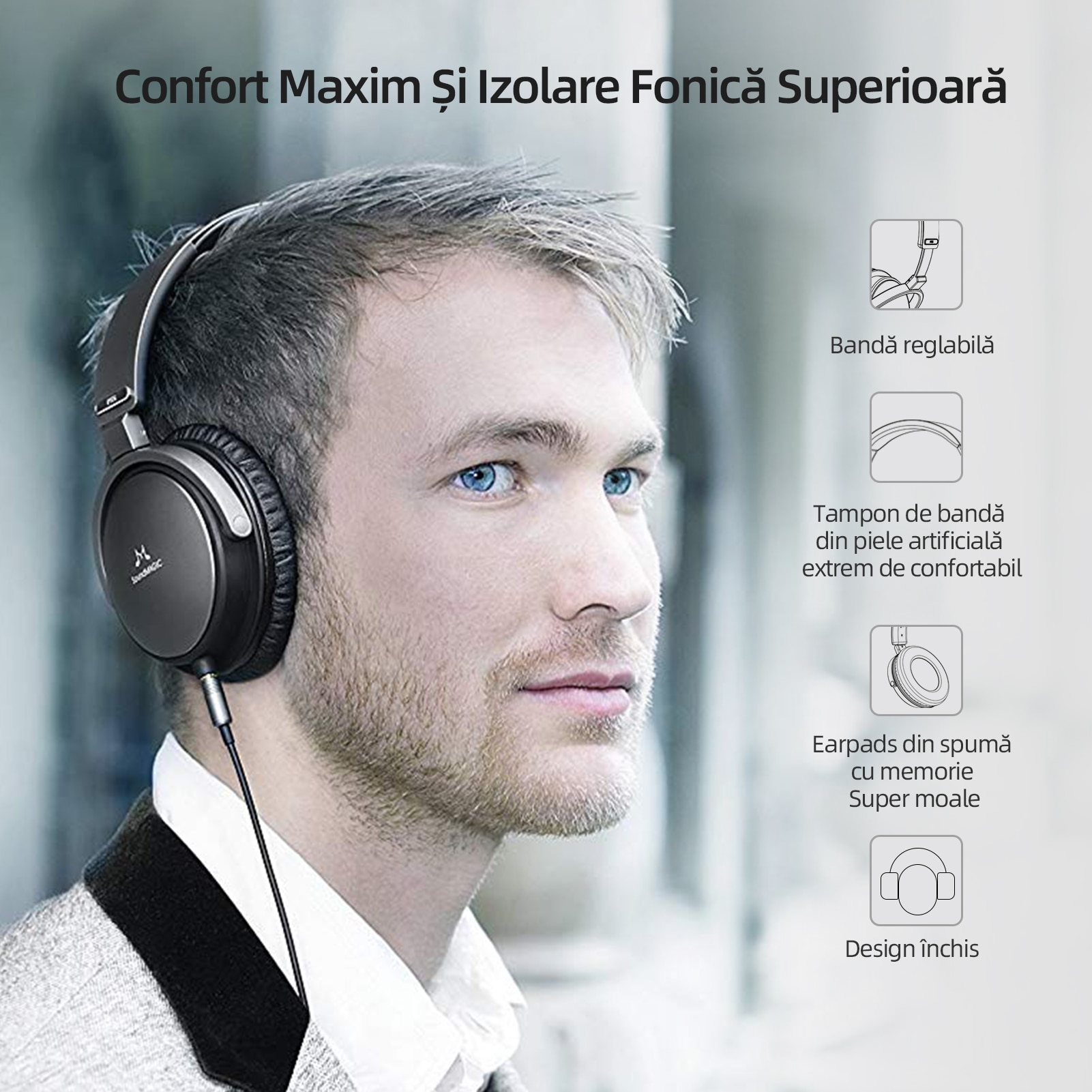 Casti SoundMAGIC Vento P55, bass puternic, stereo HiFi, culoare gunmetal