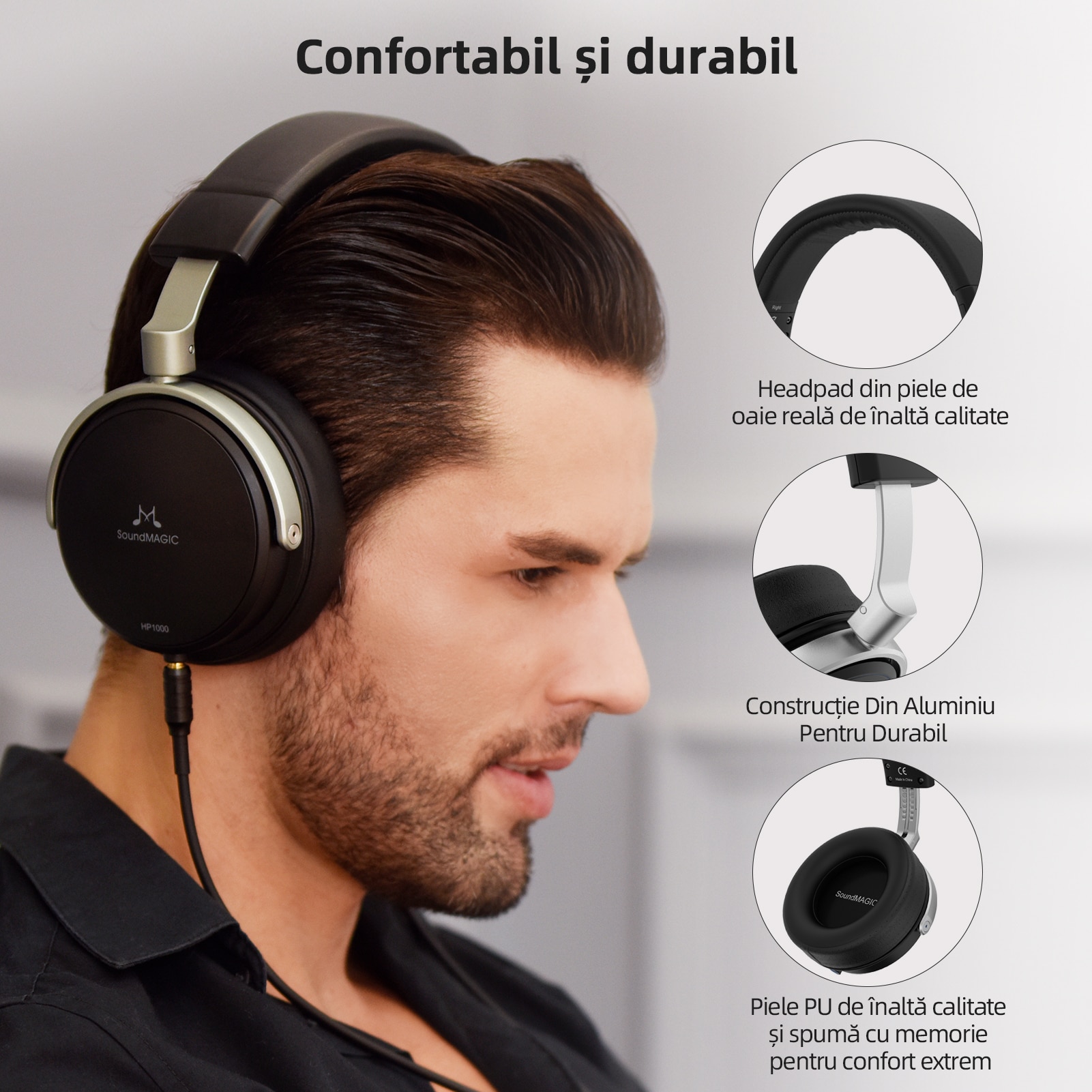 Casti profesionale SoundMAGIC HP1000, monitor studio, sunet inalta rezolutie, tuning master, izolare fonica, cablu detasabil, compatibil player profesional si telefon