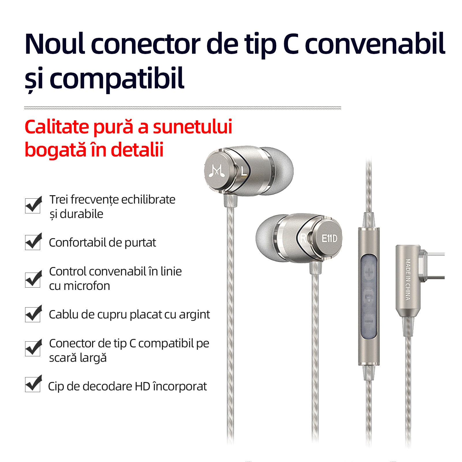 Casti in-ear SoundMAGIC E11D Type-C cu microfon, cip decodor de inalta rezolutie, calitate audio Hi-Fi, compatibile cu telefoane/tablete/laptopuri Android, Gun