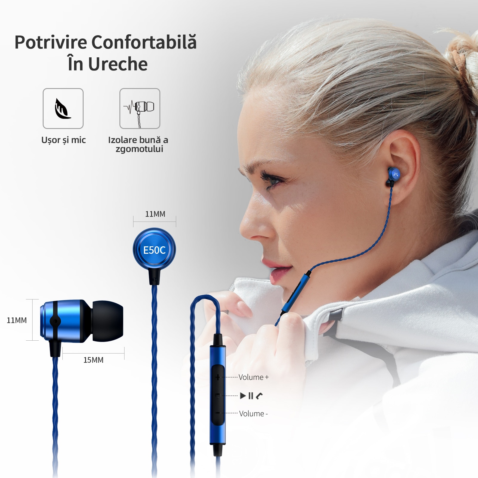 Casti SoundMAGIC E50C cu fir in-ear cu microfon, performanta imbunatatita a basului, calitate audio in inalta definitie, jack audio de 3,5mm, compatibil cu telefoane/calculatoare/tablete, albastru
