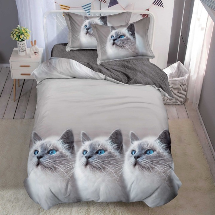 Lenjerie de Pat, Reversibil, Cearsaf cu Elastic, Finet, 1 Persoana, 4 Piese, 140x200cm, Imprimeu Pisici, Gri