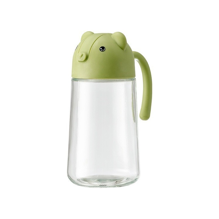 Recipient de ulei, By Fitilomania, Model Ursulet, Sticla pentru Lichide de Bucatarie, Inchidere Deschidere Automata, 18.5 x 13 cm, Volum 630 ml, Verde